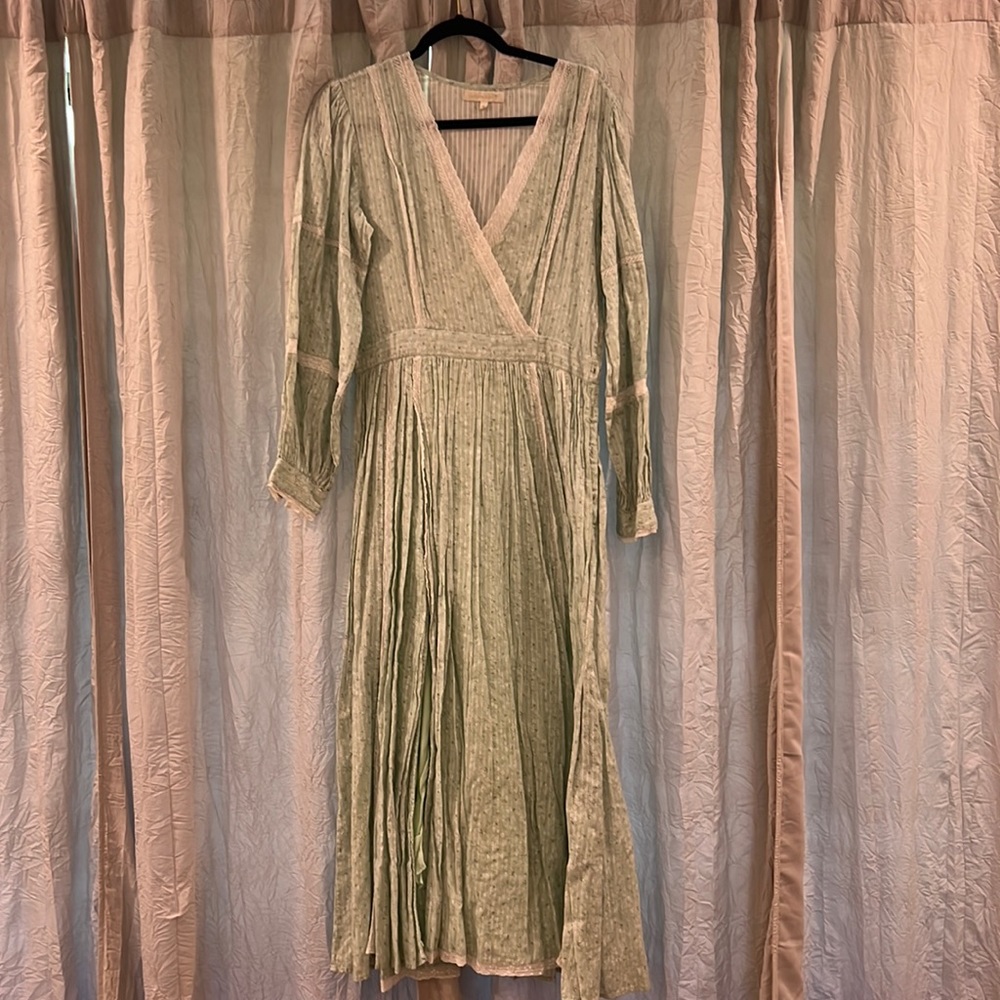 Love shack fancy dress light pastel green with white flowers and lace